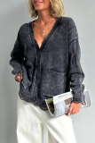 Casual Daily Solid Color Ripped Distressed Pocket Buttons V Neck Outerwear