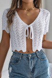 Sexy Vacation Solid Color Hollow Out Lace Up V Neck Outerwear