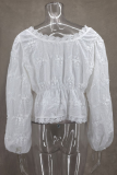 Sexy Daily Solid Color Embroidered Buttons See-Through U Neck Tops