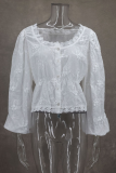Sexy Daily Solid Color Embroidered Buttons See-Through U Neck Tops