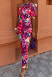 Elegant Floral Print Ruched Irregular Contrast Sloping Shoulder One Step Skirt Dresses