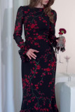 Elegant Floral Print Patchwork See-Through O Neck One Step Skirt Dresses