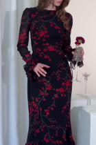 Elegant Floral Print Patchwork See-Through O Neck One Step Skirt Dresses