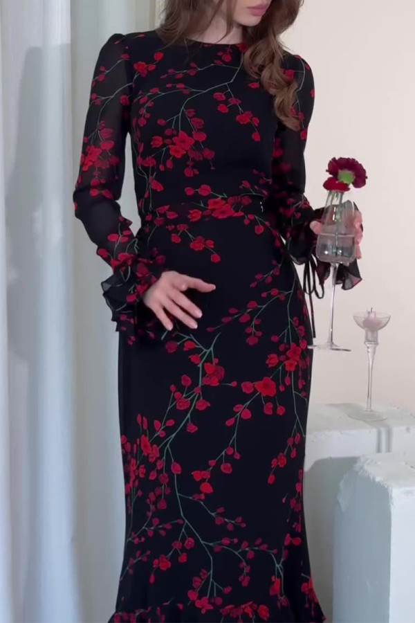 Elegant Floral Print Patchwork See-Through O Neck One Step Skirt Dresses