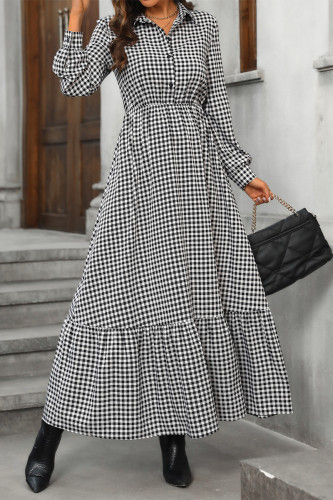Casual Daily Plaid Buttons Contrast Turndown Collar A Line Dresses