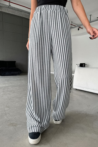 Casual Daily Striped Print Pocket Contrast Loose Straight Full Print Bottoms