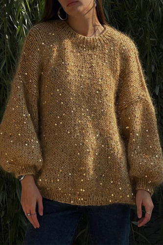 Casual Solid Color Sequins O Neck Tops