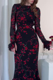 Elegant Floral Print Patchwork See-Through O Neck One Step Skirt Dresses