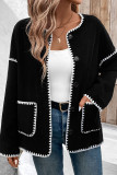 Casual Solid Color Pocket Patchwork Fluffy Contrast O Neck Outerwear
