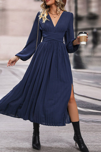 Street Elegant Solid Color Lace Up Slit V Neck A Line Dresses