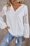 Casual Solid Color Lace Fringed Trim Hollow Out V Neck Tops