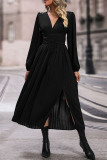 Street Elegant Solid Color Lace Up Slit V Neck A Line Dresses