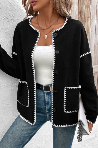 Casual Solid Color Pocket Patchwork Fluffy Contrast O Neck Outerwear