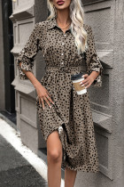 Casual Street Leopard Print Lace Up Buttons Turndown Collar Shirt Dresses