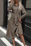 Casual Street Leopard Print Lace Up Buttons Turndown Collar Shirt Dresses