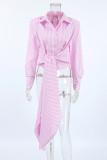 Casual Street Striped Print Lace Up Buttons Turndown Collar Tops