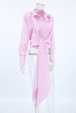 Casual Street Striped Print Lace Up Buttons Turndown Collar Tops