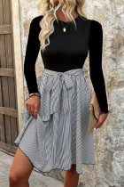 Elegant Striped Print Lace Up O Neck A Line Dresses