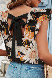 Casual Floral Print Backless Ruffle O Neck Tops