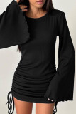 Daily Solid Color Draw String Potholes O Neck Wrapped Skirt Dresses