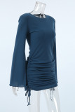 Daily Solid Color Draw String Potholes O Neck Wrapped Skirt Dresses