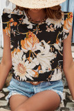 Casual Floral Print Backless Ruffle O Neck Tops