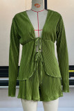 Sexy Solid Color Lace Up Ruched V Neck Long Sleeve Two Pieces