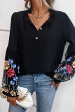 Casual Flowers Buttons Patchwork V Neck Tops