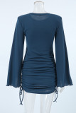 Daily Solid Color Draw String Potholes O Neck Wrapped Skirt Dresses