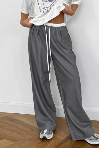 Casual Daily Solid Color Draw String Pocket Patchwork Loose High Waist Straight Patchwork Bottoms
