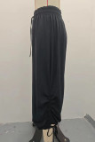 Casual Solid Color Draw String Patchwork Loose High Waist Solid Color Bottoms