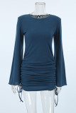 Daily Solid Color Draw String Potholes O Neck Wrapped Skirt Dresses