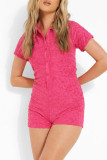 Casual Solid Color Buttons Embossed Turndown Collar Skinny Rompers