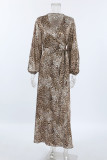 Daily Elegant Leopard Print Slit V Neck A Line Dresses