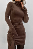 Casual Daily Solid Color Slit Fluffy Turtleneck Wrapped Skirt Dresses