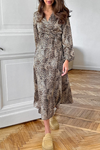 Daily Elegant Leopard Print Slit V Neck A Line Dresses