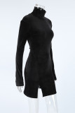 Casual Daily Solid Color Slit Fluffy Turtleneck Wrapped Skirt Dresses