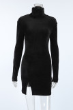 Casual Daily Solid Color Slit Fluffy Turtleneck Wrapped Skirt Dresses