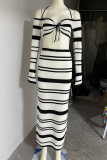 Sexy Stripe Lace Up Backless Weave Halter Long Sleeve Two Pieces