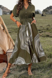 Elegant Geometric Print Lace Up Buttons V Neck A Line Short Sleeve Dress