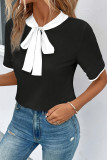 Casual Solid Color Lace Up Patchwork Contrast Tie Neck Tops