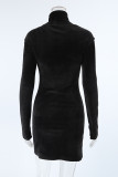 Casual Daily Solid Color Slit Fluffy Turtleneck Wrapped Skirt Dresses