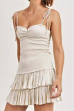 Sexy Solid Color Lace Up Ruffle Square Neck Sleeveless Two Pieces