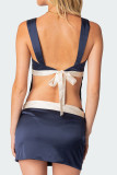 Sexy Solid Color Lace Up Backless Bow Decor Square Neck Sleeveless Two Pieces