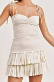 Sexy Solid Color Lace Up Ruffle Square Neck Sleeveless Two Pieces
