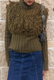 Casual Solid Color Fringed Trim Zipper Turtleneck Tops