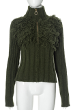 Casual Solid Color Fringed Trim Zipper Turtleneck Tops