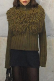 Casual Solid Color Fringed Trim Zipper Turtleneck Tops