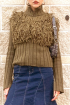 Casual Solid Color Fringed Trim Zipper Turtleneck Tops