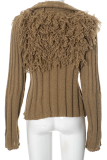Casual Solid Color Fringed Trim Zipper Turtleneck Tops